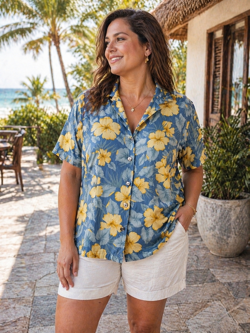 Tommy Bahama Womens Silk Hawaiian Shirt XL Blue Yellow Floral Camp Collar Resort